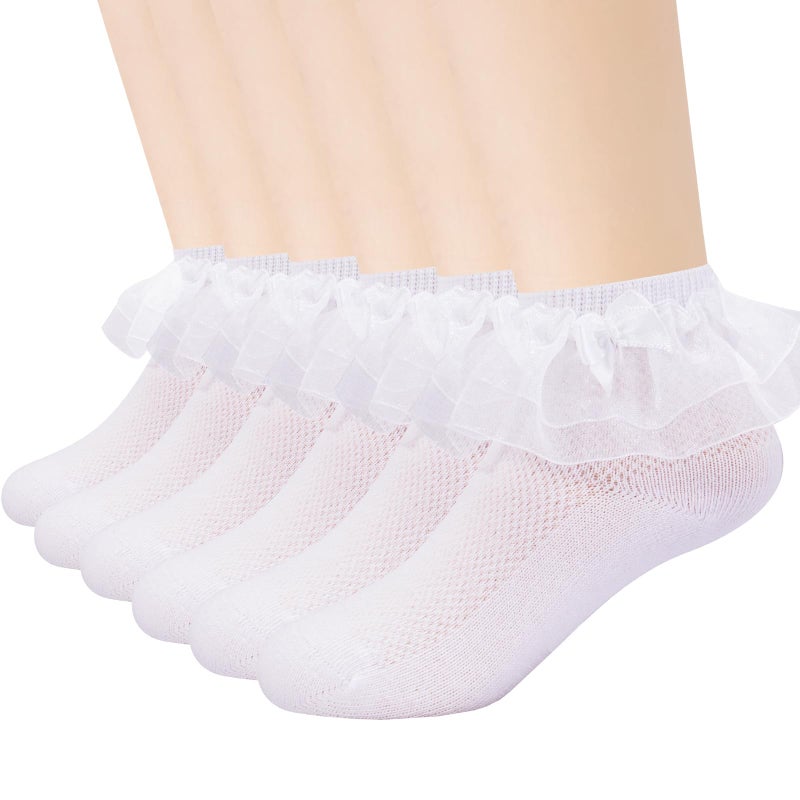 Looching Baby Toddlers Girls White Cotton Princess Ruffles Lace Frilly Dress Ankle Socks with Bowknot 1-8T Pack of 6(White, 4-6T) - Image 2